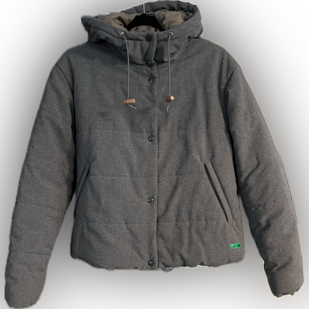 United Colors of Benetton Hooded Puffer Jacket Womens Gray Zip/Snap Pockets, XS